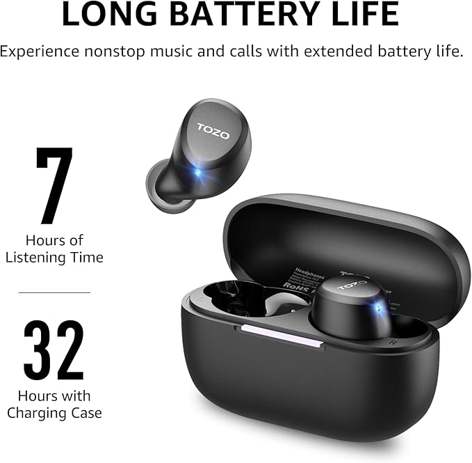 TOZO A1 Wireless Earbuds Bluetooth 5.3 Light Weight in Ear IPX5 Waterproof Headphones 2 Mic for AI Calls, Immersive Premium Sound Bass Headset with Charging Case, 32 Presets EQ Customization via App