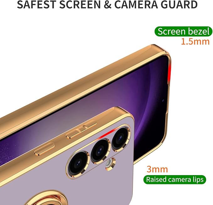 Dinick Purple for Samsung Galaxy S24 Case with Ring Holder Kickstand [with Magnetic] Soft TPU Bumper, Glitter Gold Electroplated Cover Slim Thin Protective Phone Case for Galaxy S24