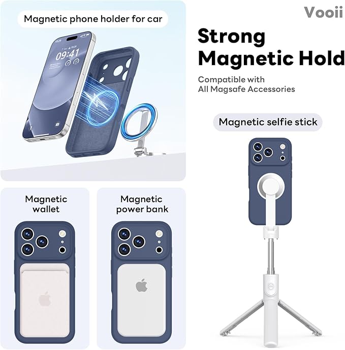 Vooii Magnetic Compatible with iPhone 17 Pro Case (Compatible with Magsafe) (Upgraded Camera Protection) Liquid Silicone Shockproof Full Body Protective Phone Cover for Women Men, Navy Blue, 6.3”