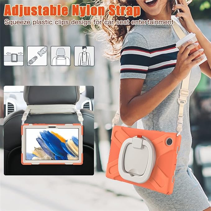 360 Rotatable Galaxy Tab A8 10.5" Case Sturdy Cover Rotate Ring Stand Shoulder Carrying Strap Hand Strap Rugged Children Adults Outdoor Case, Orange