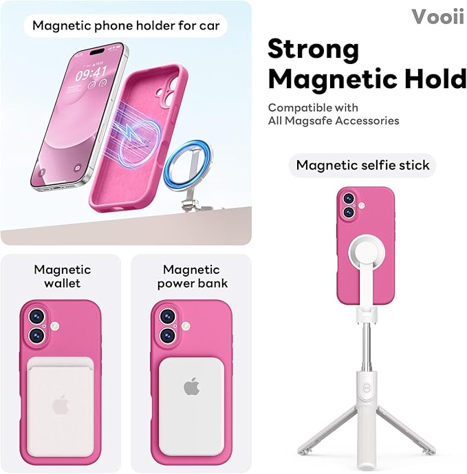 Vooii Magnetic Compatible with iPhone 17 Case (Compatible with Magsafe) (Upgraded Camera Protection) Liquid Silicone Shockproof Full Body Protective Phone Cover for Women Men, Pitaya, 6.3"