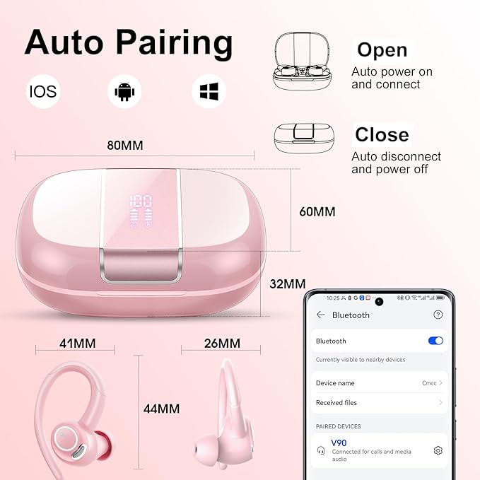Wireless Earbuds Bluetooth 5.3 Headphones Sports, 48Hrs Playtime Bluetooth Earbuds with CVC 8.0 Mic, 2025 Stereo Bass Over Ear Bud with Earhooks, LED Display, IP7 Waterproof Earphon for Running Rose