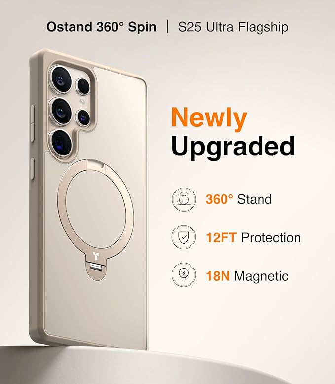 TORRAS 360° Spin Magnetic Stand for Samsung Galaxy S25 Ultra Case Beige Gold, Fit for Magsafe, Military Grade Slim Protective S25 Ultra Case with Kickstand Rotatable, Ostand Spin, Aesthetic Dune
