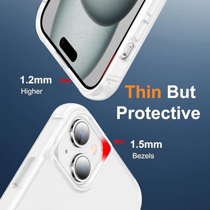 Magnetic Compatible with iPhone 15 Case with Stand [Military Grade Drop Tested][Compatible with Magnet] Ring Translucent Slim Hard Back Soft Edge, Frost White