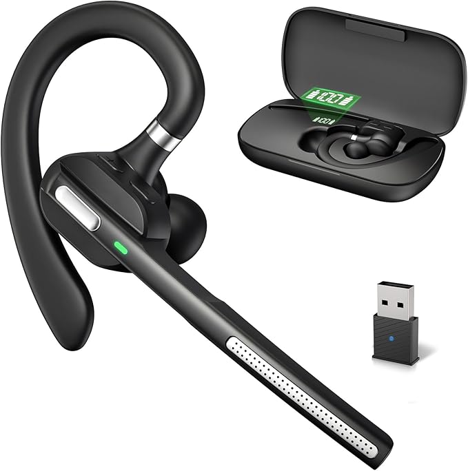Wireless Work Bluetooth Headset with Microphone 500mAh Charging Case USB Dongle Call Noise Canceling Mic for PC Computer, Laptop, Cell Phones, Remote Work, Call Center, Trucker Work