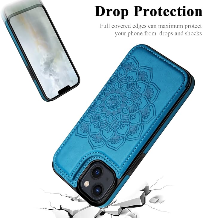 MMHUO for iPhone 14 Plus Case with Card Holder,Flower Magnetic Buttons Protective Wallet Case for Women for iPhone 14 Plus,Blue