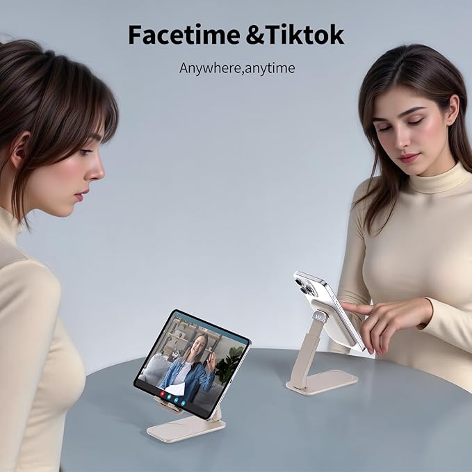 iWALK Magnetic Cell Phone Stand for Desk, Angle and Height Adjustable Mobile Phone Holder, Foldable Magnet Stand for iPhone 16 15 14 13 12 Pro Max and iPad Cell Phone Holder, Light Brown