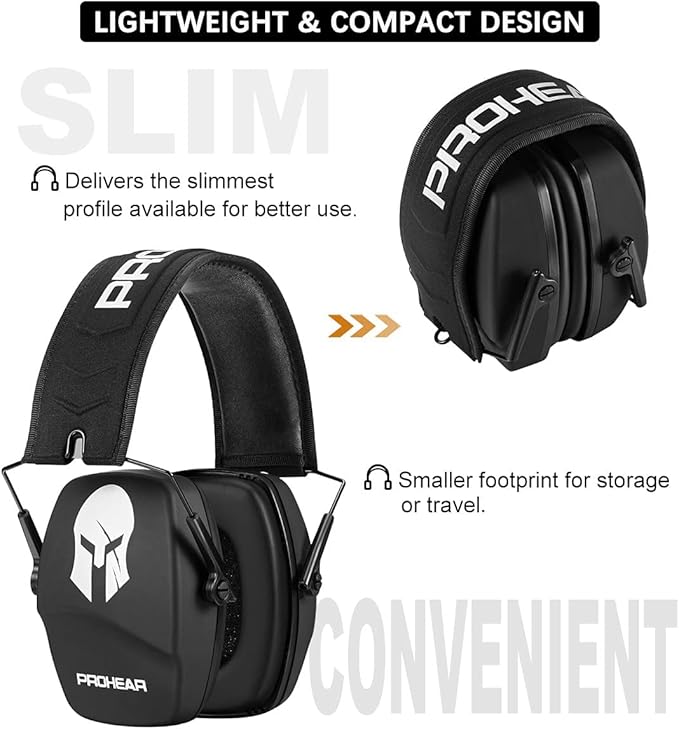 PROHEAR 016 Ear Protection Safety Earmuffs for Shooting, NRR 26dB Noise Reduction Slim Passive Hearing Protector with Low-Profile Earcups, Compact Foldable Headset for Gun Range, Hunting (Sparta)