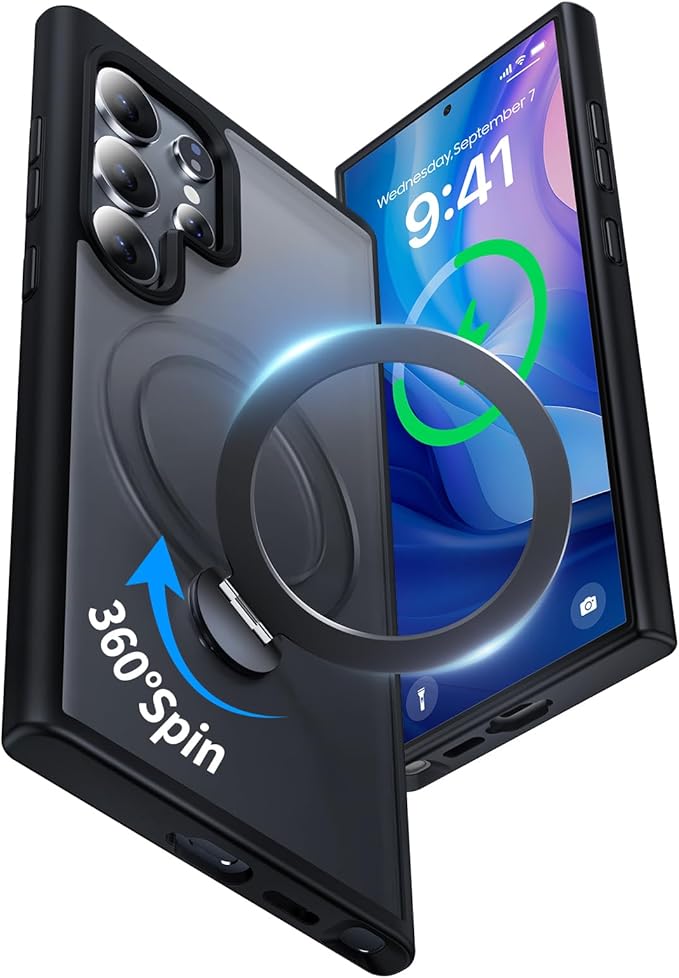 for Samsung Galaxy S23 Ultra Case,Compatible with Magsafe [Wireless Charging],with 360°Rotatable Magnetic Ring Stand Matte Translucent Slim Soft Edge Phone Kickstand,Black