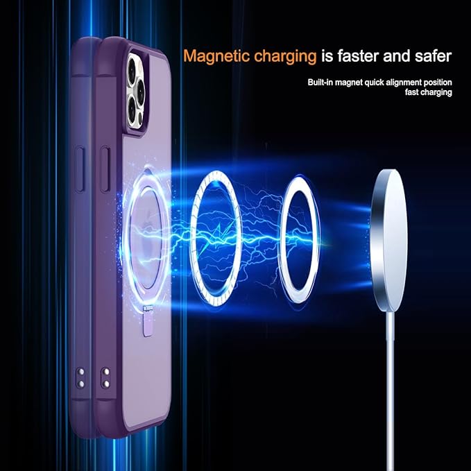 Magnetic Compatible with iPhone 13 Pro Case with Stand [Military Grade Drop Tested][Compatible with Magnet] Ring Translucent Slim Hard Back Soft Edge, Purple