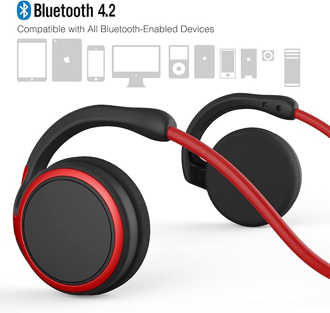 Small Bluetooth Headphones Wrap Around Head - Sports Wireless Headset with Built in Microphone and Crystal-Clear Sound, Foldable and Carried in The Purse, and 12-Hour Battery Life, Red