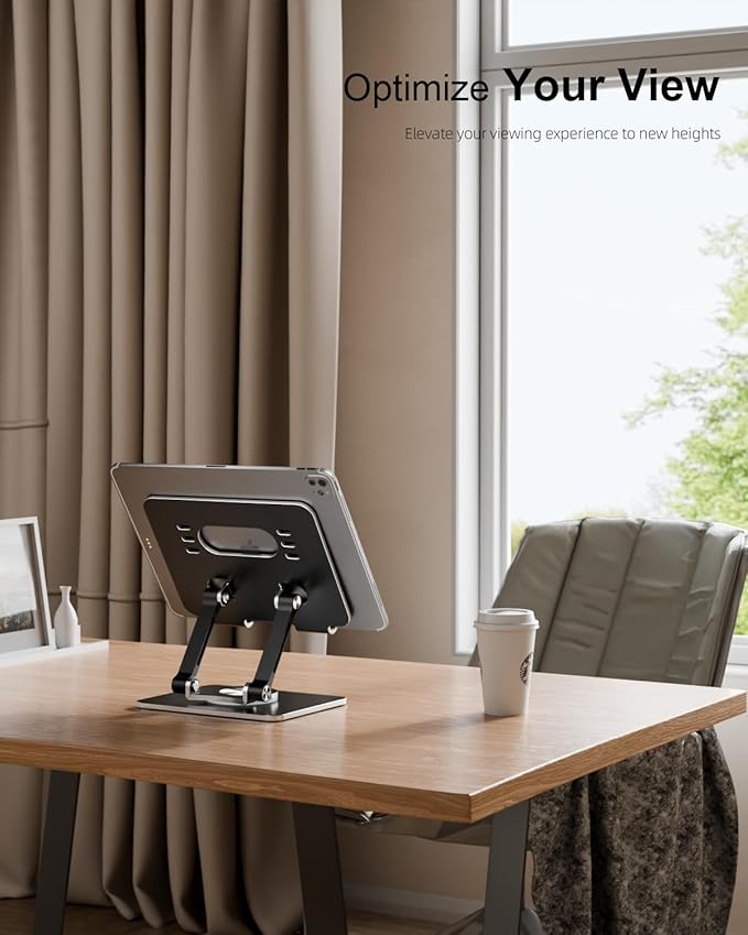 Tablet Stand Holder with Thickened 360°Rotating Base Dual Rod Adjustable Aluminum Stand for All 5.8-12.9” iPad Samsung Phone Tablet Kindle E-Reader and More, Black