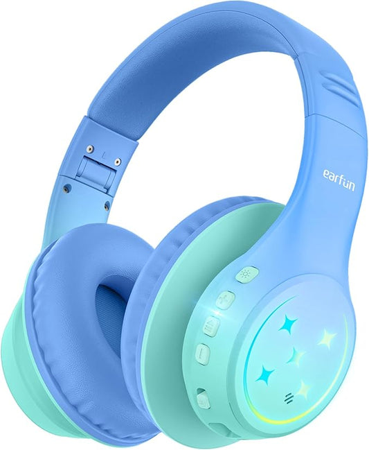 EarFun K4 Kids Bluetooth Headphones, Wireless Headphones with LED Lights, 74/85/94dBA Volume Limited, Built-in Mic, 90H Playtime, Bluetooth 5.4 Over Ear Headphone for iPad/Tablet/PC/School (Green)