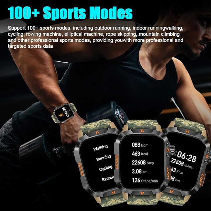 QTLLBT Military Outdoor Watch Altimeter Barometer Compass Tactical Smart Fitness Watch Heart Rate Sleep Monitor 100+ Sport Modes Fitness Available for Android and iOS (Camouflage Yellow)