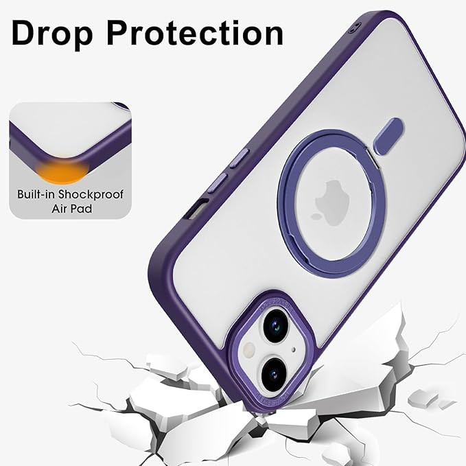 ZIYE Magnetic Case for iPhone 15 Case with Stand [Compatible with MagSafe] Slim Shockproof Military Grade Heavy Duty Cover with 360 Rotatable Ring Kickstand for Women Men, Translucent Purple