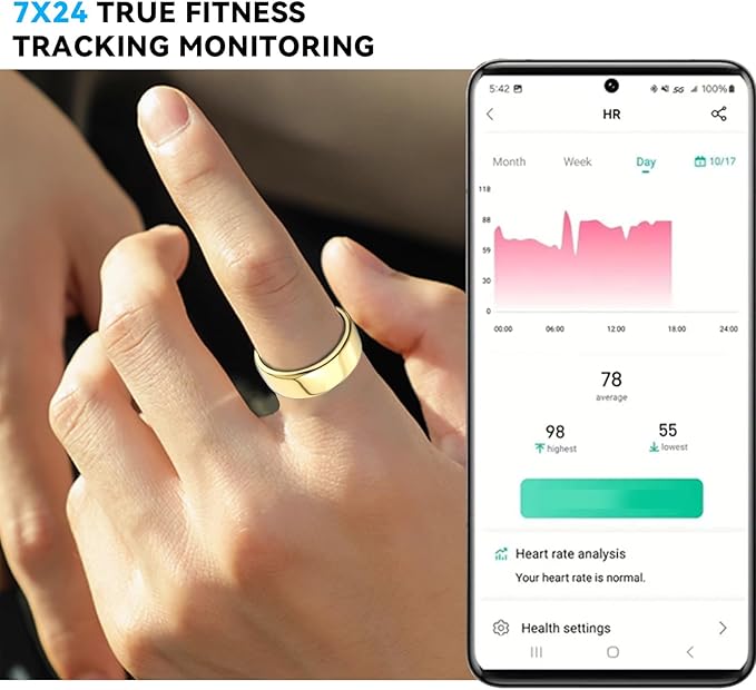 Smart Ring for Women Men with a Black Charging Box,Bluetooth Connection,Health Ring,IP68 Waterproof, Fitness Ring Tracks Heart Rate/Sleep/Steps/Sports Activities/Blood Oxygen(Gold 8)
