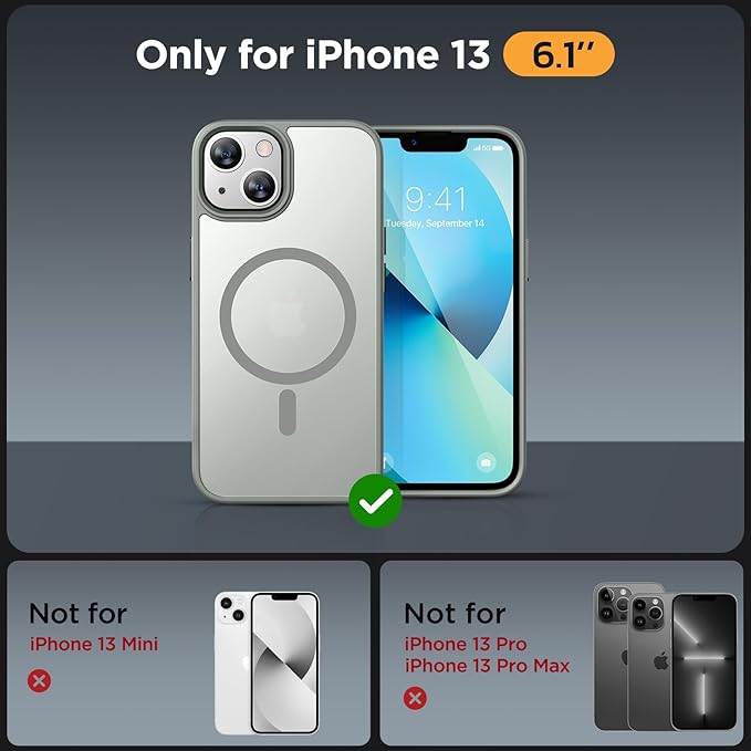 Miracase Magnetic for iPhone 13 Case 6.1 inch (Compatible with MagSafe)（with 2X Screen Protectors） Military-Grade Protection, Anti-Fingerprint Translucent Matte Phone Case Cover, Gray