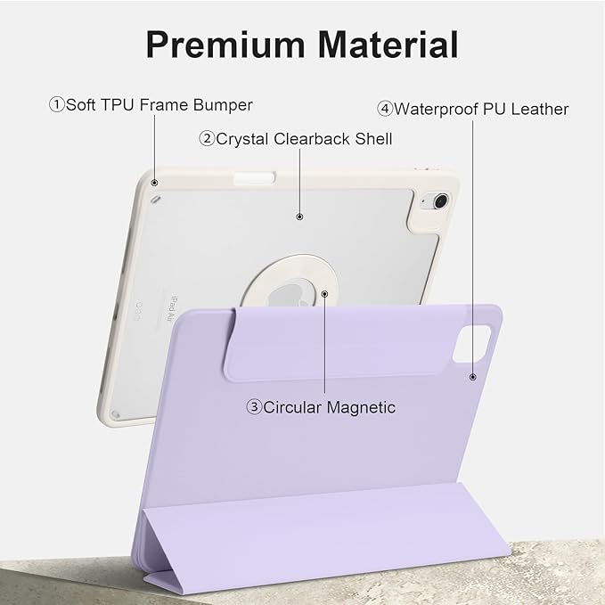 Case for iPad Air 13 Inch M3/M2 2025/2024, iPad Pro 12.9 Inch 6th/5th Generation 2022/2021 with Pencil Holder, Vertical Stand, Detachable Magnetic Trifold Stand Case,Auto Wake/Sleep,Lilac+White