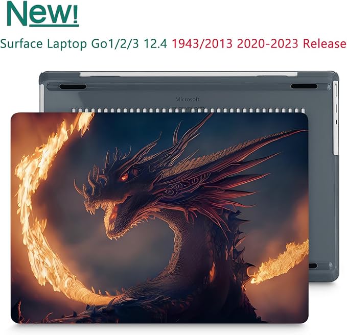 Tuiklol Case for 12.4 Inch Microsoft Surface Laptop Go 3/2 / 1 2023-2020 Releases, Plastic Hard Shell Case with Screen Protector and Keyborad Cover +Dust Plugs Model 2013/1943, Fire Dragon