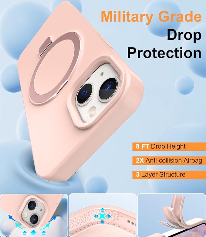 ZHK Liquid Silicone Designed for iPhone 15 Case with Magnet Stand, [Mil-Grade Drop Shockproof][Soft Anti-Scratch Microfiber Lining] Slim Fit Cover, Pink
