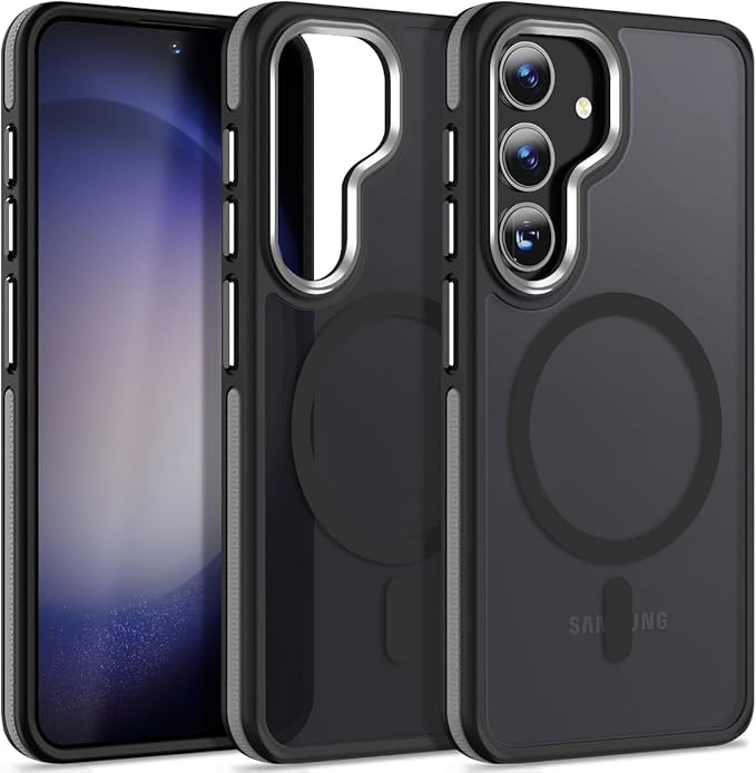 Case for Samsung Galaxy S25 Plus/S25+ Compatible with Magsafe, [Non-Slip TPU Edge]&[Camera Frame Protection] for S25 Plus Phone Case, Slim Translucent Matte Galaxy S25+ Cover (Black/Grey)