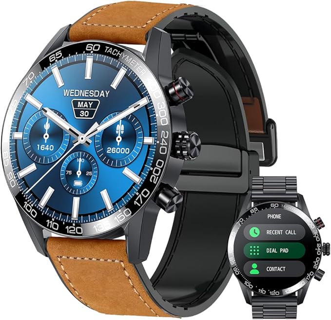 FILIEKEU Men Smart Watch for Android iOS, Bluetooth Calls Voice Chat with Heart Rate/Sleep Monitor Fitness Tracker, IP67 Waterproof Leather Activity Tracker Watch for Men