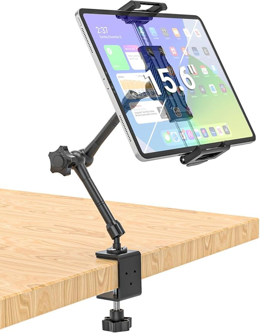 Metal Desk Tablet Mount, Fit for 6.1-15.6" Devices, Adjustable Phone Stand for Kitchen, Cabinet, Table, with 360° Foldable Rotation Aluminum Arm, Compatible with iPad Pro/Air/Mini, Galaxy Tab
