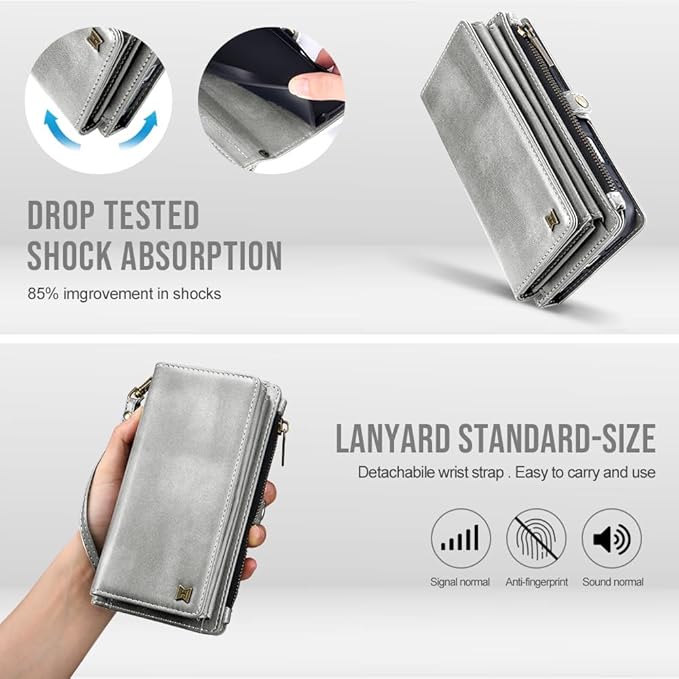 for iPhone 17 Wallet Phone Case with 7 Card Holder,RFID Blocking | PU Leather | Kickstand | Flip | Wrist Strap&Shoulder Strap | Shockproof | Zipper Wallet | Women Men | 6.3" | Silvery