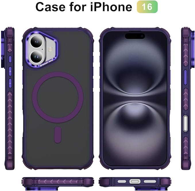 Magnetic for iPhone 16 Case Purple with MagSafe Wireless Charging Heavy Duty Military-Grade Shockproof Protection Adjustable Kickstand Slim Matte Anti-Fingerprint Cover Men Women