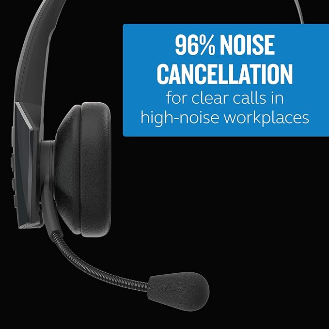 BlueParrott B350-XT Mono Bluetooth Wireless Headphones 96% Noise Canceling Over Head Trucker Headset with Mic, Adjustable Lightweight Headband, IP54-Rated Protection, 24 hrs. Talk Time, Black
