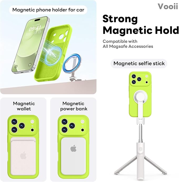 Vooii Magnetic Compatible with iPhone 17 Pro Max Case (Compatible with Magsafe) (Upgraded Camera Protection) Liquid Silicone Shockproof Full Body Protective Phone Cover for Women Men,Fluorescent Green