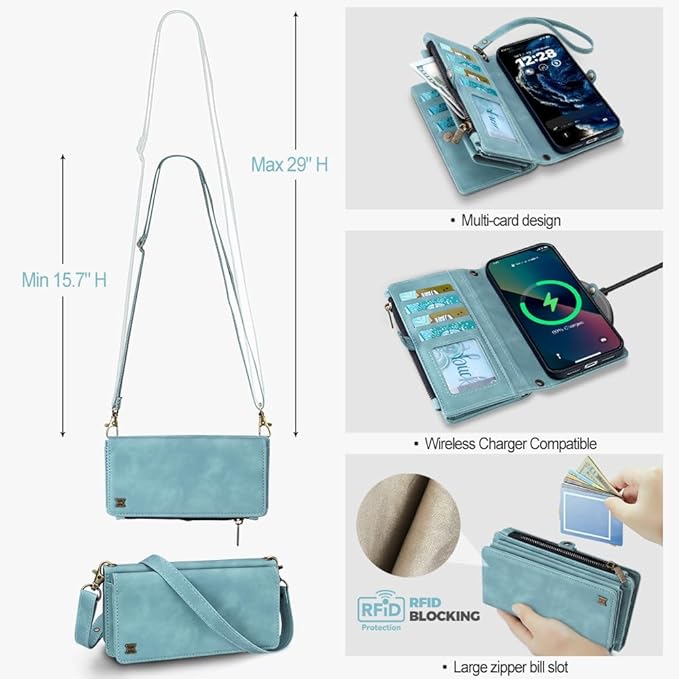 for iPhone 17 Pro Wallet Phone Case with 7 Card Holder,RFID Blocking | PU Leather | Kickstand | Flip | Wrist Strap&Shoulder Strap | Shockproof | Zipper Wallet | Women Men | 6.3" | Baby Blue