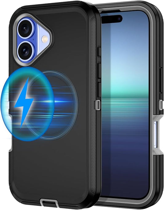 for iPhone 16 Case [Compatible with MagSafe] Shockproof 3-Layer Full Body Protection [Without Screen Protector] Rugged Heavy Duty Cover Case for Apple iPhone 16 6.1",Black/Grey