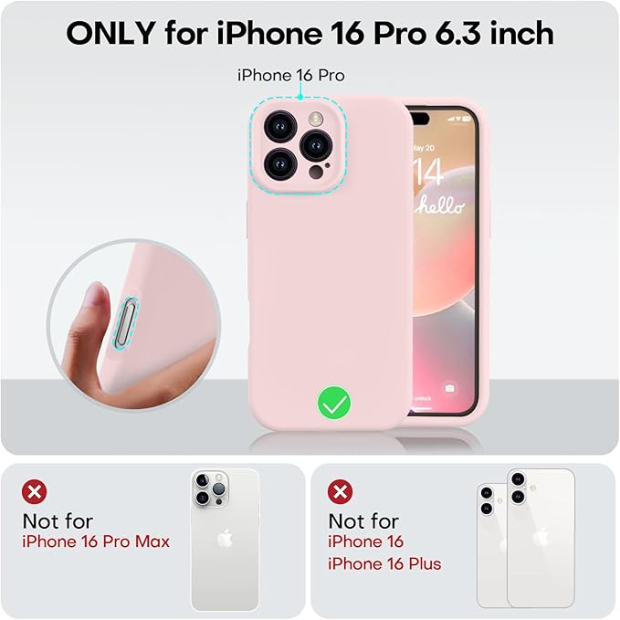 Vooii Compatible with iPhone 16 Pro Case, Liquid Silicone Upgrade [Camera Protection] [Soft Anti-Scratch Microfiber Lining] Shockproof Phone Case for iPhone 16 Pro 6.3 inch - Chalk Pink