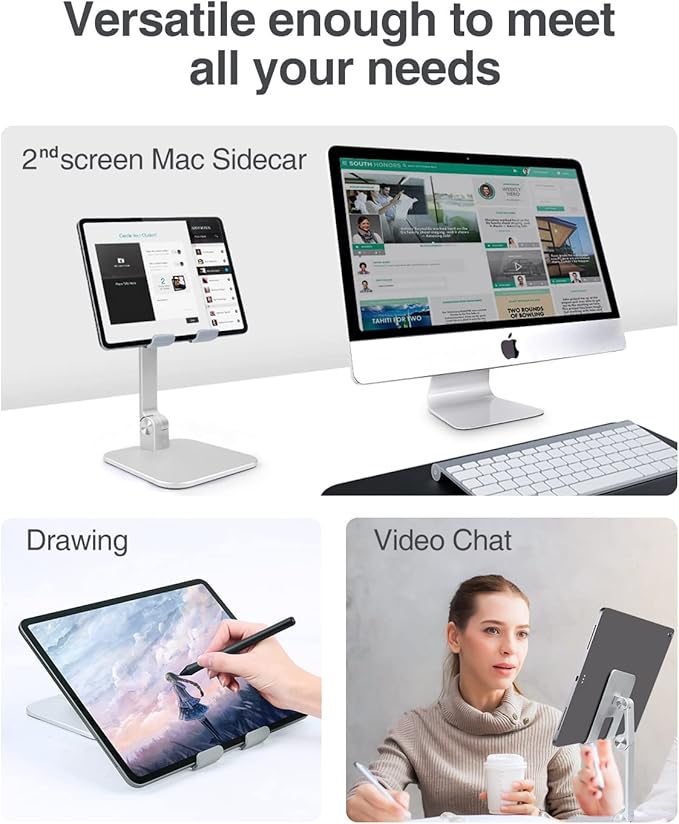 Elitehood Aluminum iPad Stand, Adjustable Holder for Desk, Desktop Tablet Dock for iPad Pro 12.9 11, Air Mini 4 5 and More 4-13.5 Inches Tablets, Silver