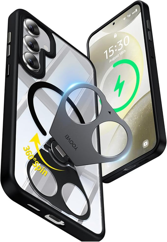 for Samsung Galaxy S24 Case,Compatible with Magsafe,with 360°Rotatable Magnetic Ring Stand Clear Slim Soft Edge Phone Kickstand,Clear & Black
