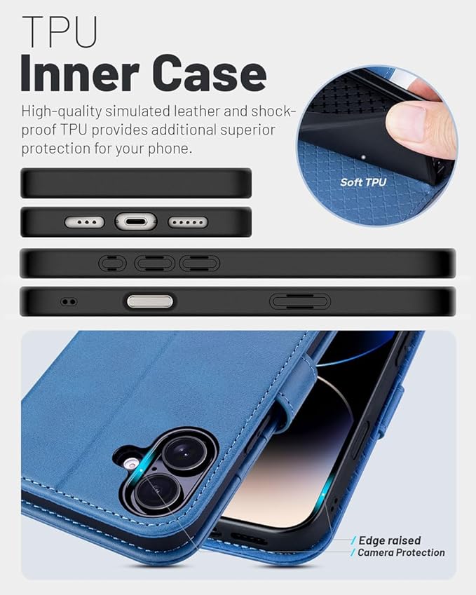 OCASE Compatible with iPhone 16 Wallet Case, PU Leather Flip Folio Case with Card Holders RFID Blocking Kickstand [Shockproof TPU Inner Shell] Phone Cover 6.1 Inch 2024, Light Blue