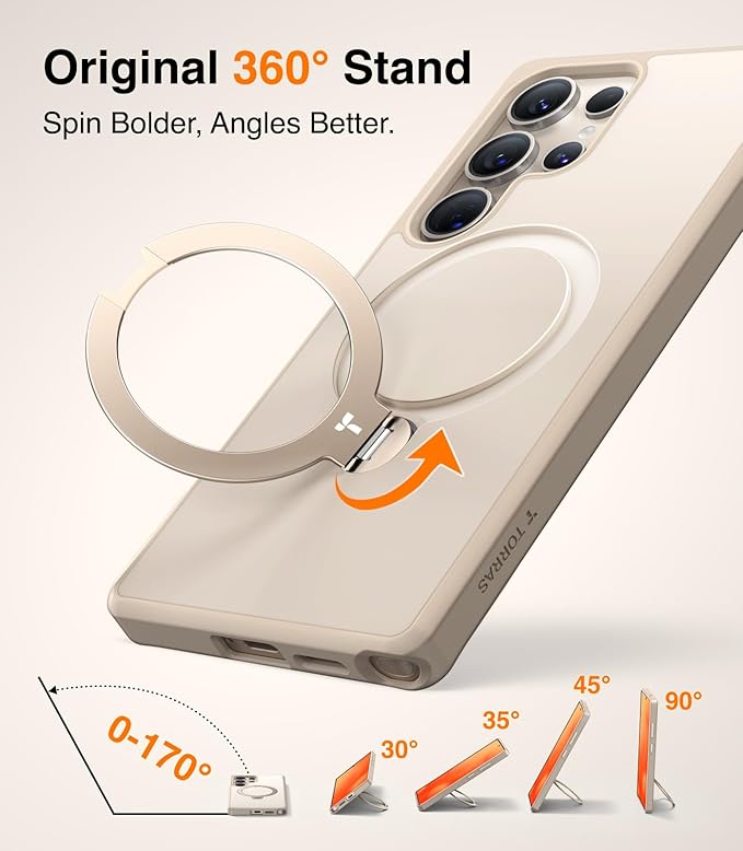 TORRAS 360° Spin Magnetic Stand for Samsung Galaxy S25 Ultra Case Beige Gold, Fit for Magsafe, Military Grade Slim Protective S25 Ultra Case with Kickstand Rotatable, Ostand Spin, Aesthetic Dune