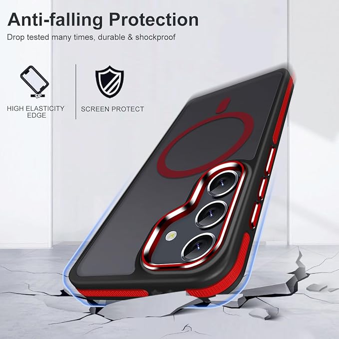Strong Magnetic for Samsung Galaxy S25, Fits for Magsafe, Color Hybrid S25 Cover with Non-Slip Edge & Hard PC Translucent Matte Back, Slim Shockproof Phone Case for Galaxy S25 (Black/Red)