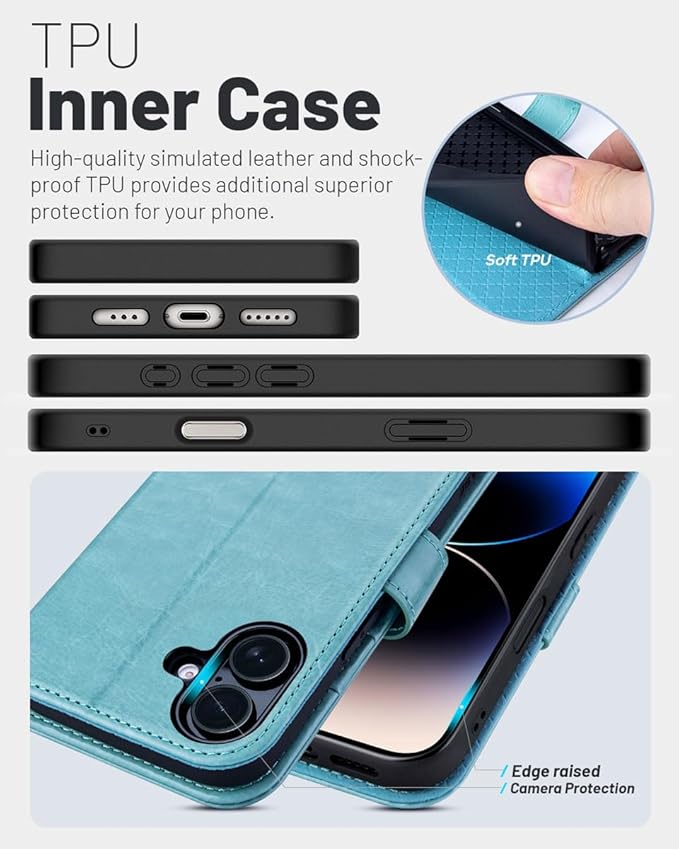 OCASE Compatible with iPhone 16 Wallet Case, PU Leather Flip Folio Case with Card Holders RFID Blocking Kickstand [Shockproof TPU Inner Shell] Phone Cover 6.1 Inch 2024, Ice Blue