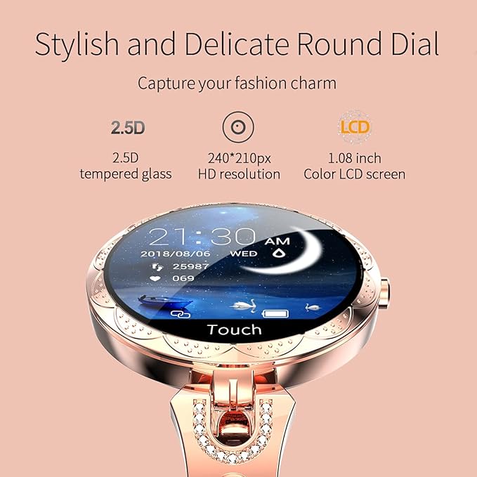 Smartwatch for Women Compatible for iPhone Samsung Android iOS Phones. Smart Bracelet with Female Menstrual Cycle Heart Rate Blood Pressure Remote Photography Waterproof Pedometer (Gold)