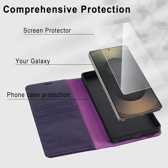 MONASAY Wallet Case Fit for Samsung Galaxy S25 Ultra 6.9 inch, [Lens & Glass Screen Protector Included] [RFID Blocking] Flip Folio Leather Cell Phone Cover with Credit Card Holder, Purple