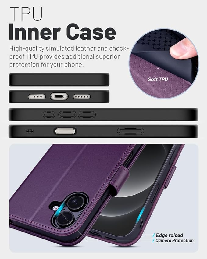 OCASE Compatible with iPhone 16 Wallet Case, PU Leather Flip Folio Case with Card Holders RFID Blocking Kickstand [Shockproof TPU Inner Shell] Phone Cover 6.1 Inch 2024, Dark Purple