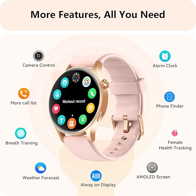 aeac Smart Watch for Women, 1.32'' AMOLED Ultra-Clear Screen Activity Trackers with Heart Rate/Sleep/SpO2 Monitor, Smartwatch for iPhone/Samsung/Android, 110+ Sport Modes Waterproof Fitness Watch