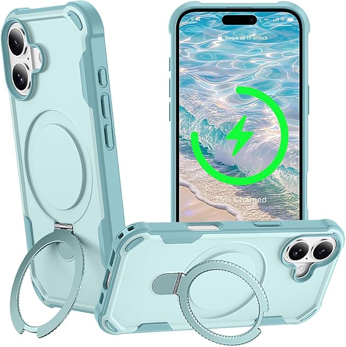 Designed for iPhone 17 Case with Magnetic Stand [Military Drop Protection][Compatible with Magnet] Shockproof 17 Phone Case with Ring Holder, Green