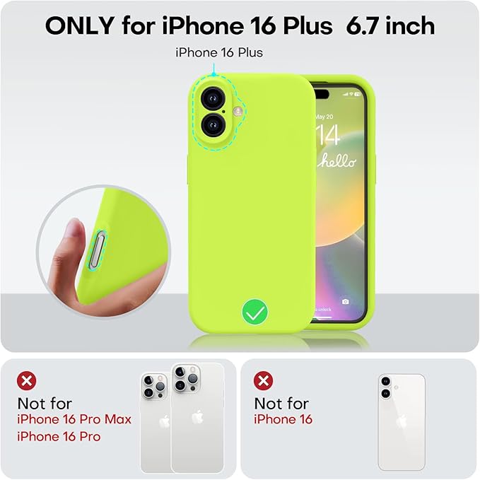 Vooii Compatible with iPhone 16 Plus Case, Liquid Silicone Upgrade [Camera Protection] [Soft Anti-Scratch Microfiber Lining] Shockproof Phone Case for iPhone 16 Plus 6.7 inch - Fluorescent Green