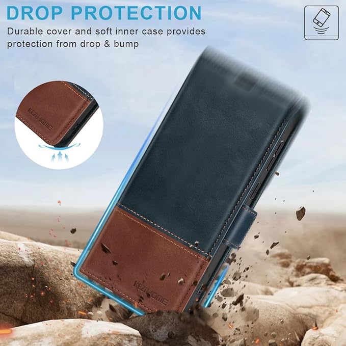 KEZiHOME Galaxy S24+ Plus 5G Wallet Case, Genuine Leather, RFID Blocking, Magnetic, Card Holder, Navy Blue/Brown