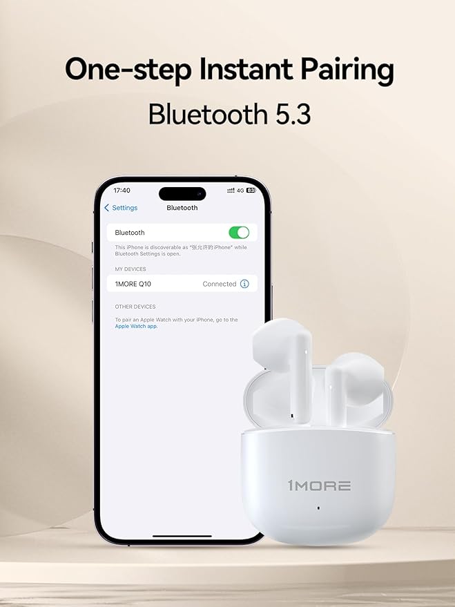 1MORE Q10 Wireless Earbuds, Bluetooth 5.3 Half in-Ear Lightweight Ear Buds, Comfort Fit, Deep Bass Stereo Headphones with Dual Mics, 26H Playtime, one Step-Pairing, IPX4 Waterproof Earphones, White