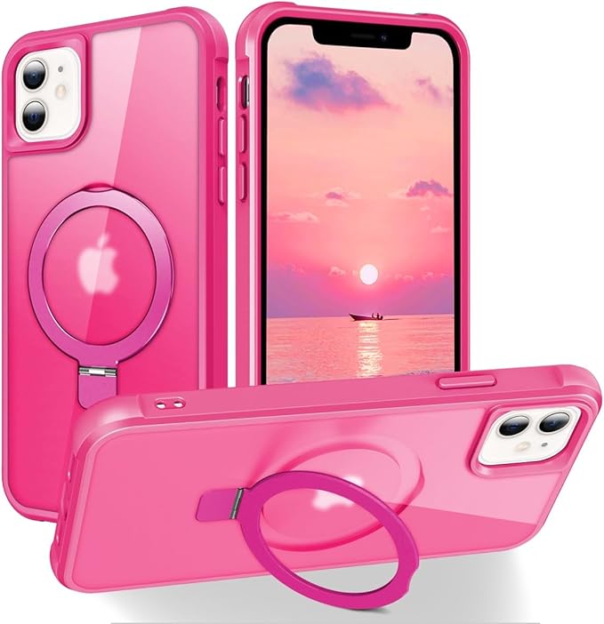 Magnetic Compatible with iPhone 11 Case with Stand [Military Grade Drop Tested][Compatible with Magnet] Ring Translucent Slim Hard Back Soft Edge, Rose Red