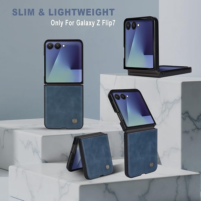 ASAPDOS Leather Folio Magnetic Case for Samsung Galaxy Z Flip 7 [Compatible with MagSafe],Built-in Screen Protector and PU Leather Thin Slim Protective Case Cover Blue